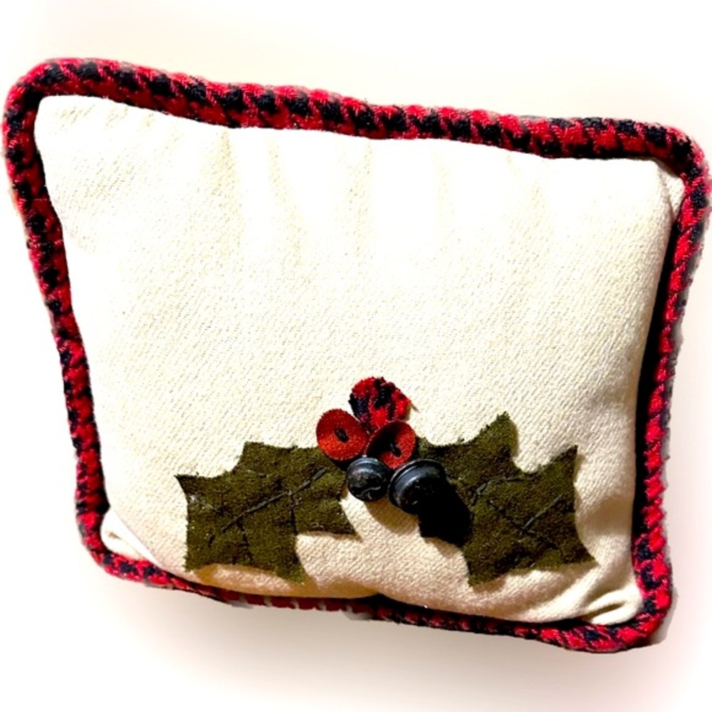 Christmas Holiday HOLLY Throw Pillow Farmhouse DECOR BLACK RED GINGHAM 9”x8”bell